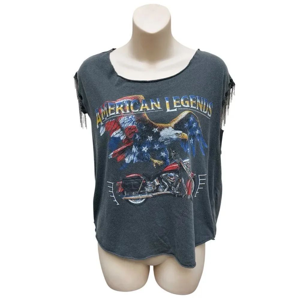 Eagle Motorcycle Graphic Fringe Tank Top Boho Biker Tee Truly Madly Deeply M